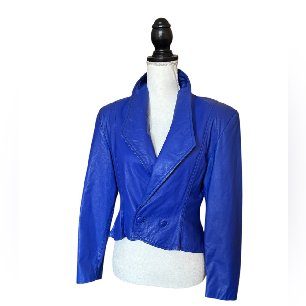 90s Ladies Blue Leather Cropped Fantail Moto Jacket